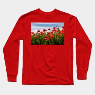 Blood red Poppies against a blue sky Long Sleeve T-Shirt